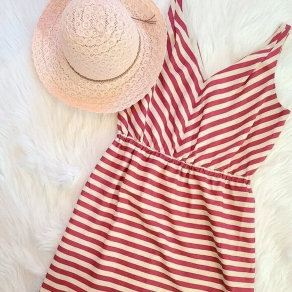 LOFT Tank Dress in a Maroon and Cream Chevron Striped Printed Pattern